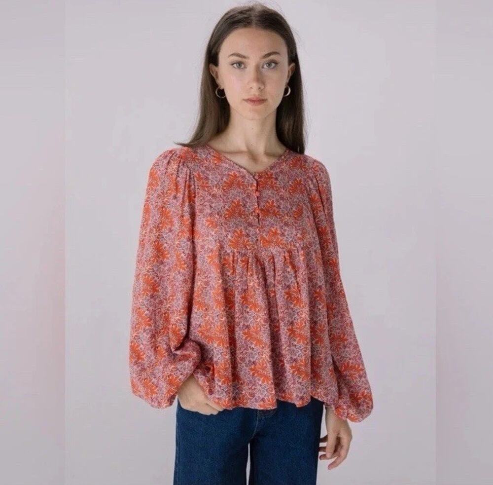 Solitaire Floral Blouse Womens Size S Long Balloon Sleeve Button Boho